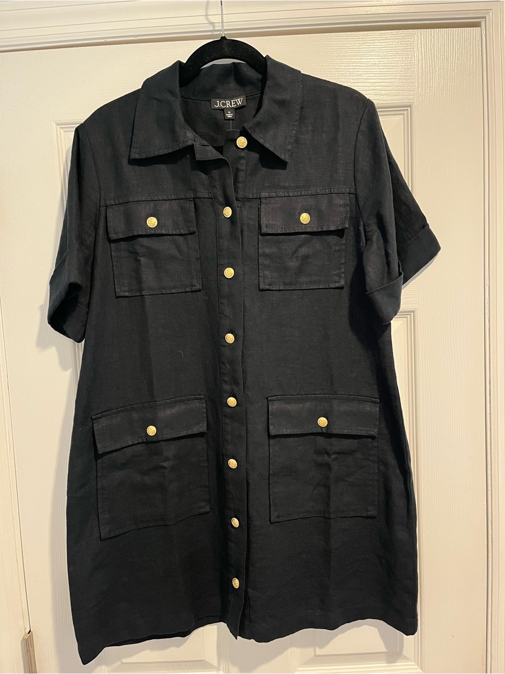 J. Crew Black Short-Sleeve linen Shirt Dress with Gold Buttons NWT, SZ 12